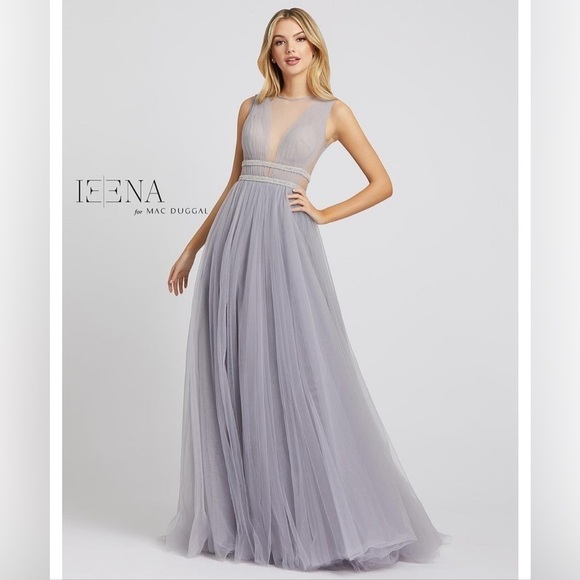 MAC DUGGAL 20188 ILLUSIONS PLUNGE NECK A-LINE PLATINUM GOWN DRESS 12 NEW $498 - Picture 1 of 13